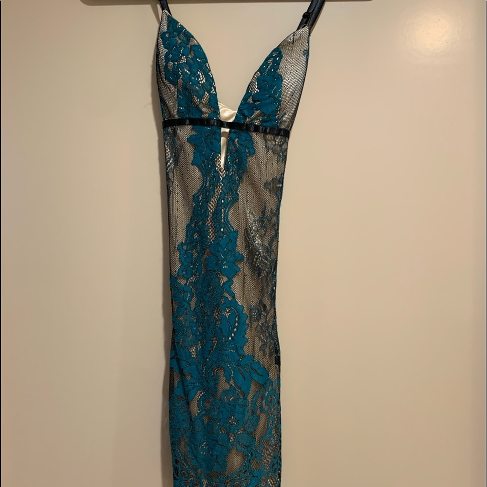Teal nude and black mini dress